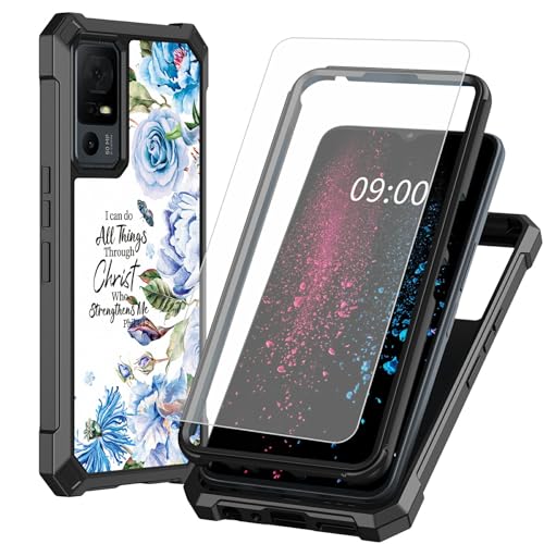 BWEGRHE Schutzhülle für TCL 40 XE 5G 17,1 cm (6,7 Zoll), mit Displayschutzfolie aus gehärtetem Glas, 2-lagig, stoßfeste TPU-Ecken + integrierter Rahmen, Motiv: Bibelblaue Blume von BWEGRHE
