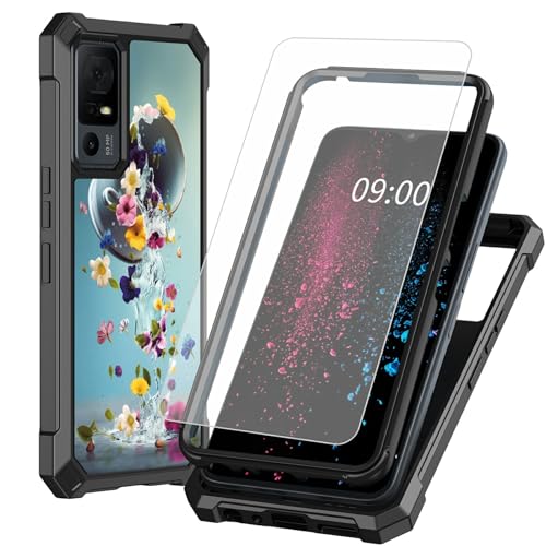 BWEGRHE Schutzhülle für TCL 40 XE 5G 17,1 cm (6,7 Zoll) TCL 40 X 5G (17,1 cm), Teetassen-Blumen-Design mit Displayschutzfolie aus gehärtetem Glas, 2-lagig, stoßfeste TPU-Ecke + integrierter Rahmen von BWEGRHE