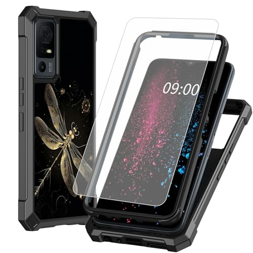 BWEGRHE Schutzhülle für TCL 40 XE 5G 17,1 cm (6,7 Zoll) TCL 40 X 5G (17,1 cm), goldenes Libellen-Design mit Displayschutzfolie aus gehärtetem Glas, 2 Schichten, stoßfeste TPU-Ecke + integrierter von BWEGRHE