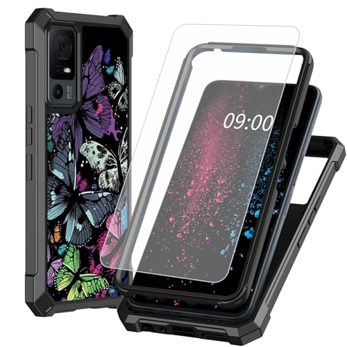 BWEGRHE Schutzhülle für TCL 40 XE 5G 17,1 cm (6,7 Zoll) TCL 40 X 5G (17,1 cm) buntes Schmetterlings-Design mit Displayschutzfolie aus gehärtetem Glas, 2-lagig, stoßfeste TPU-Ecken und integrierter von BWEGRHE