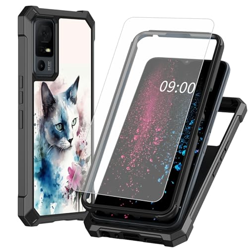 BWEGRHE Schutzhülle für TCL 40 XE 5G 17,1 cm (6,7 Zoll) TCL 40 X 5G (17,1 cm) mit Displayschutzfolie aus gehärtetem Glas, 2-lagig, stoßfeste TPU-Ecken und integrierter Rahmen, Motiv: Wasserfarbenkatze von BWEGRHE