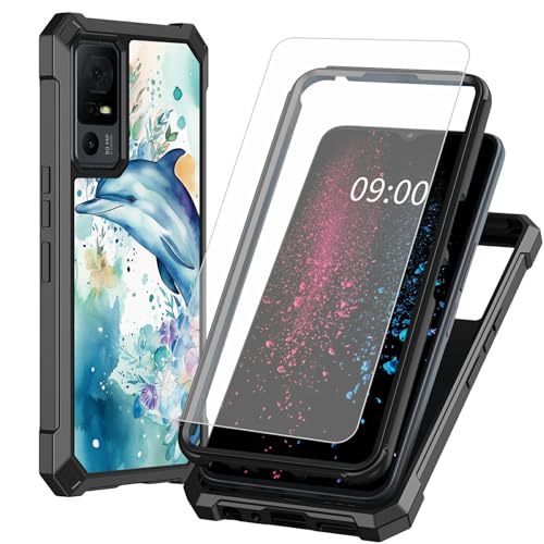 BWEGRHE Schutzhülle für TCL 40 XE 5G 17,1 cm (6,7 Zoll) TCL 40 X 5G (6,7 Zoll), Delfinblumen-Design mit Displayschutzfolie aus gehärtetem Glas, 2-lagig, stoßfeste TPU-Ecke + integrierter Rahmen von BWEGRHE