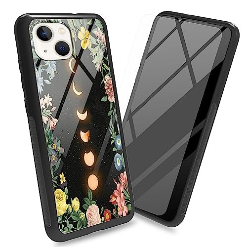 BWEGRHE Schutzhülle für iPhone 14, 15,5 cm (6,1 Zoll), mit Displayschutzfolie, Rückseite aus gehärtetem Glas, Mondblumen-Design, weicher TPU-Stoßfängerrahmen, modisch, für Damen und Herren von BWEGRHE