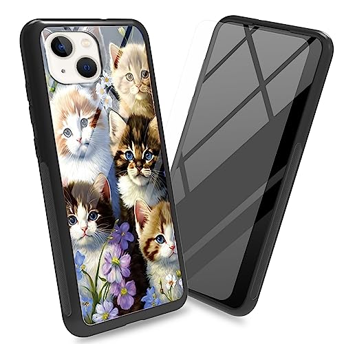 BWEGRHE Schutzhülle für iPhone 14 Plus, 17 cm (6,7 Zoll), mit Displayschutzfolie, Rückseite aus gehärtetem Glas, Motiv: Katzen und Familie, weicher TPU-Stoßfängerrahmen, modisch, für Damen und Herren von BWEGRHE