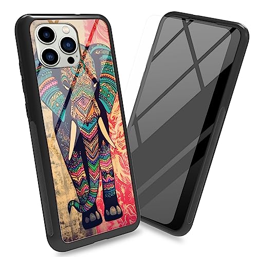 BWEGRHE Schutzhülle für iPhone 14 Pro Max 17 cm (6,7 Zoll), mit Displayschutzfolie, Rückseite aus gehärtetem Glas, Bohemian-Elefanten-Design, weicher TPU-Stoßfängerrahmen, modisch, für Damen und von BWEGRHE