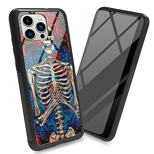 BWEGRHE Schutzhülle für iPhone 14 Pro Max 17 cm (6,7 Zoll), mit Displayschutzfolie, gehärtetes Glas, Rückseite aus gehärtetem Glas, Totenkopf-Design, weicher TPU-Stoßfängerrahmen, modisch, für Damen von BWEGRHE