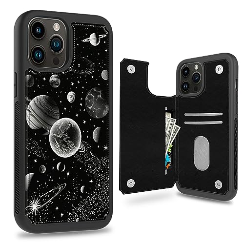 BWEGRHE Schutzhülle für iPhone 14 Pro Max mit Kartenhalter, Geldbörsenschlitz, Klapphülle aus Leder für iPhone 14 Pro Max, Ständer, Magnetverschluss, Mond Weltraum von BWEGRHE