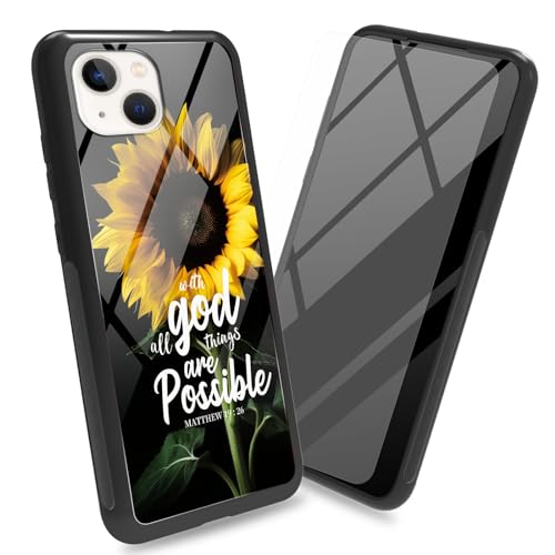 BWEGRHE Schutzhülle für iPhone 15, 15,5 cm (6,1 Zoll), mit Displayschutzfolie, Rückseite aus gehärtetem Glas, Bibel-Sonnenblumen-Design, weicher TPU-Stoßfängerrahmen, modisch, für Damen und Herren von BWEGRHE
