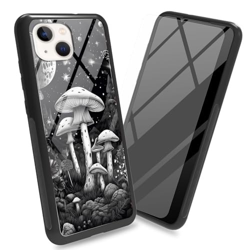 BWEGRHE Schutzhülle für iPhone 15, 15,5 cm (6,1 Zoll), mit Displayschutzfolie, gehärtetes Glas, Rückabdeckung, Mond, Weltraum, Pilz, weicher TPU-Stoßfängerrahmen, Ganzkörpermode, für Damen und Herren von BWEGRHE