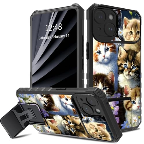 BWEGRHE Schutzhülle für iPhone 15 Plus, Design Katzenfamilie, mit Schiebe-Kamera-Abdeckung, zweilagig, stoßfest, TPU-Stoßdämpfer, für Herren und Damen, mit klappbarem Ständer (2 Standmöglichkeiten BWEGRHE Schutzhülle für iPhone 15 Plus, Design Katzenfamilie, mit Schiebe-Kamera-Abdeckung, zweilagig, stoßfest, TPU-Stoßdämpfer, für Herren und Damen, mit klappbarem Ständer (2 Standmöglichkeiten von BWEGRHE