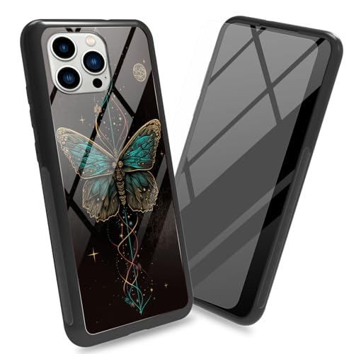BWEGRHE Schutzhülle für iPhone 15 Pro, 15,5 cm (6,1 Zoll), mit Displayschutzfolie, Rückseite aus gehärtetem Glas, Motiv: Schmetterling, Weltraum, weicher TPU-Stoßfängerrahmen, modisch, für Damen und von BWEGRHE