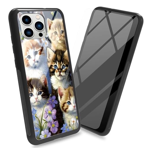 BWEGRHE Schutzhülle für iPhone 15 Pro, 15,5 cm (6,1 Zoll), mit Displayschutzfolie, gehärtetes Glas, Rückseite aus gehärtetem Glas, Motiv: Katzen und Familie, weicher TPU-Stoßfängerrahmen, modisch, für von BWEGRHE