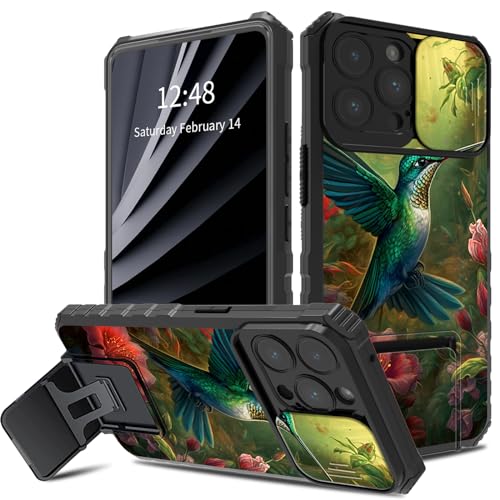 BWEGRHE Schutzhülle für iPhone 15 Pro, Kolibri-Design, mit Schiebe-Kamera-Abdeckung, zweilagig, stoßfest, TPU-Stoßdämpfer, für Herren und Damen, mit klappbarem Ständer (2 Standmöglichkeiten) für von BWEGRHE