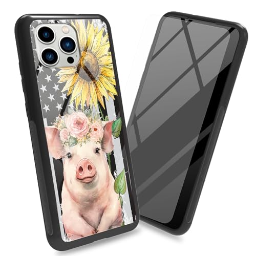 BWEGRHE Schutzhülle für iPhone 15 Pro Max 17 cm (6,7 Zoll), mit Displayschutzfolie, gehärtetes Glas, Rückseite, Schweine-Flagge, Sonnenblumen-Design, weicher TPU-Stoßfängerrahmen, modisch, für Damen von BWEGRHE