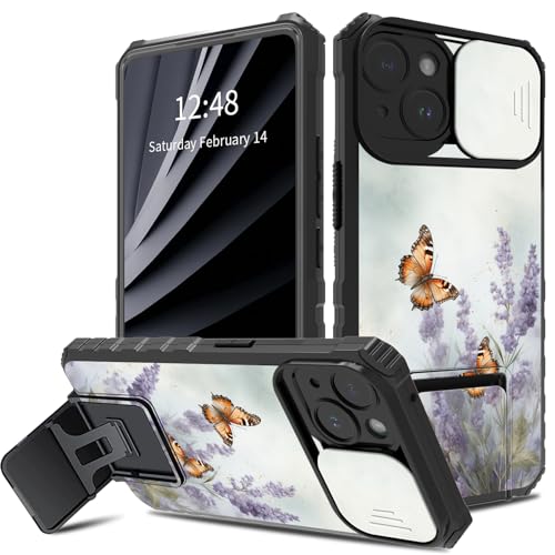 BWEGRHE Schutzhülle für iPhone 15 mit Schiebe-Kamera-Abdeckung, doppellagig, stoßfest, TPU-Stoßdämpfer, für Damen und Herren, mit klappbarem Ständer (2 Standmöglichkeiten) für iPhone 15 von BWEGRHE