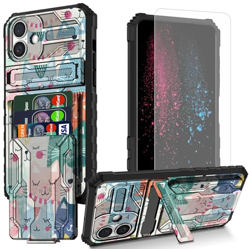 BWEGRHE Schutzhülle für iPhone 16, Cartoon-Katzen-Design, mit Displayschutzfolie, integrierter, abnehmbarer Kartenschlitz, Brieftaschen-Schutzhülle mit Ständer, stoßfeste Schutzhülle für iPhone 16 BWEGRHE Schutzhülle für iPhone 16, Cartoon-Katzen-Design, mit Displayschutzfolie, integrierter, abnehmbarer Kartenschlitz, Brieftaschen-Schutzhülle mit Ständer, stoßfeste Schutzhülle für iPhone 16 von BWEGRHE