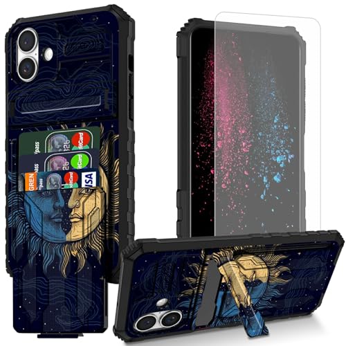 BWEGRHE Schutzhülle für iPhone 16, Motiv: Mond und Sonne, Gothic-Design, mit Displayschutzfolie, integrierter, abnehmbarer Kartenschlitz, Brieftaschen-Schutzhülle mit Ständer, stoßfeste Schutzhülle BWEGRHE Schutzhülle für iPhone 16, Motiv: Mond und Sonne, Gothic-Design, mit Displayschutzfolie, integrierter, abnehmbarer Kartenschlitz, Brieftaschen-Schutzhülle mit Ständer, stoßfeste Schutzhülle von BWEGRHE