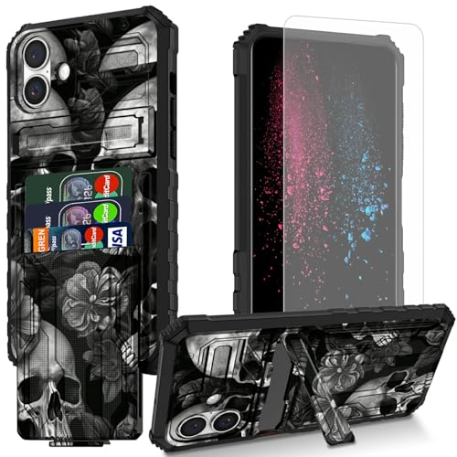 BWEGRHE Schutzhülle für iPhone 16, Totenkopf-Design, mit Displayschutzfolie, integrierter, abnehmbarer Kartenschlitz, Brieftaschen-Schutzhülle mit Ständer, stoßfeste Schutzhülle für iPhone 16 BWEGRHE Schutzhülle für iPhone 16, Totenkopf-Design, mit Displayschutzfolie, integrierter, abnehmbarer Kartenschlitz, Brieftaschen-Schutzhülle mit Ständer, stoßfeste Schutzhülle für iPhone 16 von BWEGRHE