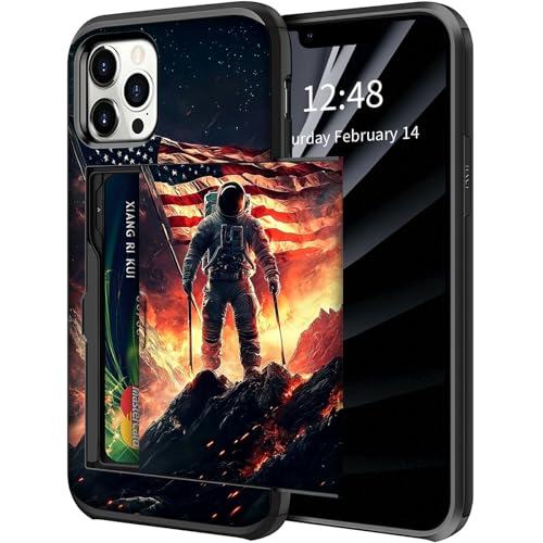 BWEGRHE Schutzhülle für iPhone 16 Pro (6,3 Zoll), Motiv: Astronautenflagge mit verstecktem Kartenhalter, zweilagiger Hybrid-Hartkartenschlitz, weiche Innenseite aus Gummi, Stoßfänger für iPhone 16 Pro von BWEGRHE