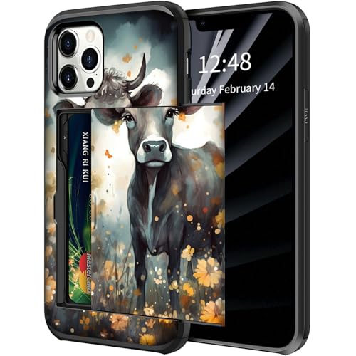 BWEGRHE Schutzhülle für iPhone 16 Pro Max (17,5 cm / 6,9 Zoll), Motiv: Kuh-Sonnenblume mit verstecktem Kartenhalter, zweilagig, Hybrid-Hart-ID-Kartenschlitz, weiche Innenseite, Gummi-Stoßdämpfer von BWEGRHE
