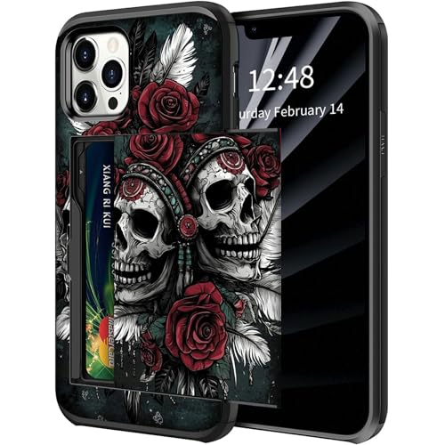 BWEGRHE Schutzhülle für iPhone 16 Pro Max (17,5 cm / 6,9 Zoll), Motiv: indische Totenkopf-Rose mit verstecktem Kartenhalter, zweilagig, Hybrid-Hart-ID-Kartenschlitz, weiche Innenseite von BWEGRHE