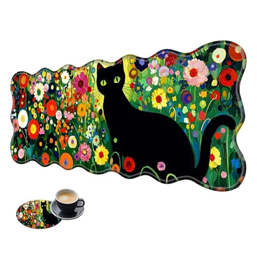 Extra großes Gaming-Mauspad, XL-Schreibtischunterlage (31,5 x 11,8 cm) mit genähten Kanten, Garten, schwarze Katze, rutschfestes, erweitertes Mauspad, Tastatur-Mauspad, weiche, lange von BWEGRHE