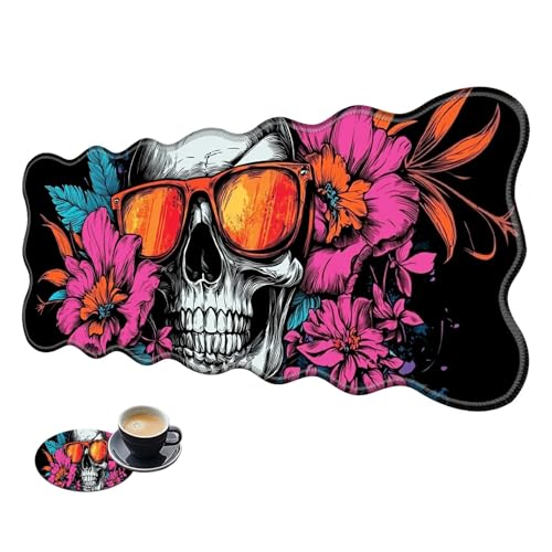 Extra großes Gaming-Mauspad, XL-Schreibtischunterlage (31,5 x 11,8 cm) mit genähten Kanten, Sonnenbrille, Totenkopf, rutschfestes, verlängertes Mauspad, Tastatur-Mauspad, weiche lange von BWEGRHE