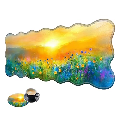 Extra großes Gaming-Mauspad, XL-Schreibtischunterlage (31,5 x 11,8 cm) mit genähten Kanten, Sonnenuntergang, Garten, Ölgemälde, rutschfestes, erweitertes Mauspad, Tastatur, Mauspad, weiche, lange von BWEGRHE