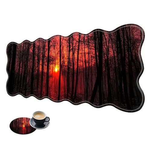 Extra großes Gaming-Mauspad, XL-Schreibtischunterlage (31,5 x 11,8 cm) mit genähten Kanten, Sonnenuntergang, Wald, rutschfestes, erweitertes Mauspad, Tastatur-Mauspad, weiche, lange von BWEGRHE