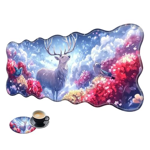 Extra großes Gaming-Mauspad, XL-Schreibtischunterlage (31,5 x 11,8 cm) mit genähten Kanten, göttlicher Hirsch mit Blumen, rutschfestes, verlängertes Mauspad, Tastatur-Mauspad, weiche, lange von BWEGRHE
