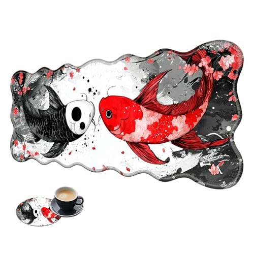 Extra großes Gaming-Mauspad, XL-Schreibtischunterlage (31,5 x 11,8 cm) mit genähten Kanten, japanisches Yin-Yang-Koi, rutschfestes, erweitertes Mauspad, Tastatur-Mauspad, weiche, lange von BWEGRHE