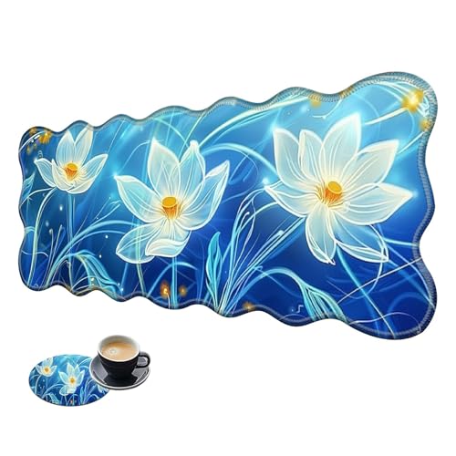 Extra großes Gaming-Mauspad, XL-Schreibtischunterlage (31,5 x 11,8 cm) mit genähten Kanten, weiße Blumen, Blau, rutschfestes, erweitertes Mauspad, Tastatur-Mauspad, weiche, lange Schreibtischunterlage von BWEGRHE