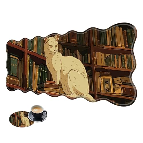 Extra großes Gaming-Mauspad, XL-Schreibtischunterlage (31,5 x 11,8 cm) mit genähten Kanten, weiße Katze, Bibliothek, rutschfestes, erweitertes Mauspad, Tastatur-Mauspad, weiche, lange von BWEGRHE