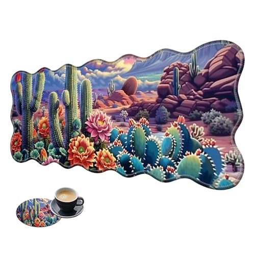 Extra großes Gaming-Mauspad, XL-Schreibtischunterlage (80 x 30 cm) mit genähten Kanten, Kaktusblume und Sukkulenten, rutschfestes, erweitertes Mauspad, Tastatur-Mauspad, weiche, lange von BWEGRHE
