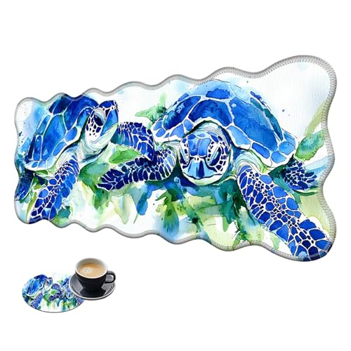 Extra großes Gaming-Mauspad, XL-Schreibtischunterlage (80 x 30 cm) mit genähten Kanten, blaue Aquarell-Schildkröte, rutschfestes, verlängertes Mauspad, Tastatur-Mauspad, weiche, lange von BWEGRHE