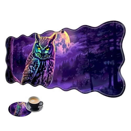 Extra großes Gaming-Mauspad, XL-Schreibtischunterlage (80 x 30 cm) mit genähten Kanten, violette Eule, rutschfestes, erweitertes Mauspad, Tastatur-Mauspad, weiche, lange Schreibtischunterlage für von BWEGRHE