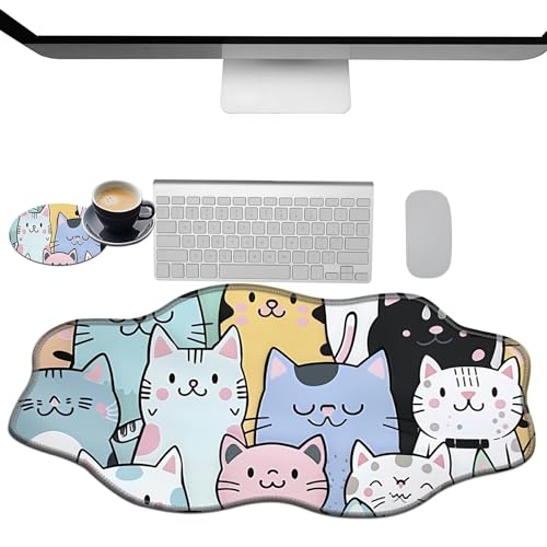 Extra großes Gaming-Mauspad, XXL-Schreibtischunterlage (35,4 x 15,7 cm) mit genähten Kanten, Cartoon-Katze, rutschfestes, erweitertes Mauspad, Tastatur-Mauspad, weiche lange Schreibtischunterlage für von BWEGRHE