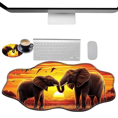 Extra großes Gaming-Mauspad, XXL-Schreibtischunterlage (35,4 x 15,7 cm) mit genähten Kanten, Elefanten Sonnenuntergang, rutschfestes, verlängertes Mauspad, Tastatur-Mauspad, weiche lange von BWEGRHE