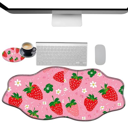 Extra großes Gaming-Mauspad, XXL-Schreibtischunterlage (35,4 x 15,7 cm) mit genähten Kanten, Erdbeere, rutschfestes, verlängertes Mauspad, Tastatur-Mauspad, weiche lange Schreibtischunterlage für von BWEGRHE