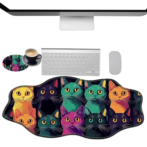 Extra großes Gaming-Mauspad, XXL-Schreibtischunterlage (35,4 x 15,7 cm) mit genähten Kanten, Farbe Katzen, rutschfestes, erweitertes Mauspad, Tastatur-Mauspad, weiche, lange Schreibtischunterlage für von BWEGRHE