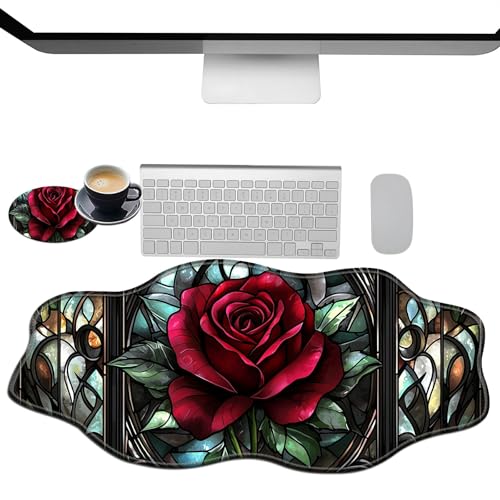 Extra großes Gaming-Mauspad, XXL-Schreibtischunterlage (35,4 x 15,7 cm) mit genähten Kanten, Glasrose, rutschfestes, verlängertes Mauspad, Tastatur-Mauspad, weiche, lange Schreibtischunterlage für von BWEGRHE
