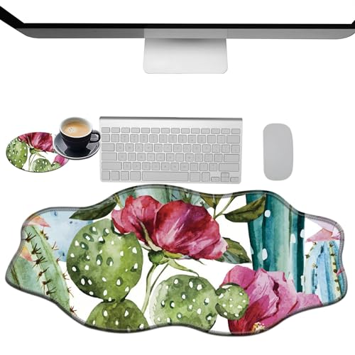 Extra großes Gaming-Mauspad, XXL-Schreibtischunterlage (35,4 x 15,7 cm) mit genähten Kanten, Kaktusblume, rutschfestes, verlängertes Mauspad, Tastatur-Mauspad, weiche, lange Schreibtischunterlage für von BWEGRHE