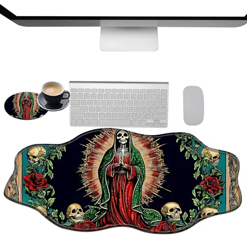 Extra großes Gaming-Mauspad, XXL-Schreibtischunterlage (35,4 x 15,7 cm) mit genähten Kanten, Maria Totenkopf, rutschfestes, erweitertes Mauspad, Tastatur-Mauspad, weiche, lange Schreibtischunterlage von BWEGRHE