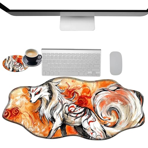 Extra großes Gaming-Mauspad, XXL-Schreibtischunterlage (35,4 x 15,7 cm) mit genähten Kanten, Mythischer Fuchs, rutschfestes, erweitertes Mauspad, Tastatur-Mauspad, weiche, lange Schreibtischunterlage von BWEGRHE