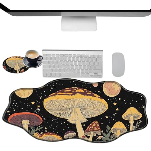 Extra großes Gaming-Mauspad, XXL-Schreibtischunterlage (35,4 x 15,7 cm) mit genähten Kanten, Pilz, Mond, Weltraum, rutschfestes, erweitertes Mauspad, Tastatur-Mauspad, weiche, lange von BWEGRHE