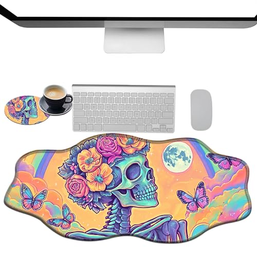 Extra großes Gaming-Mauspad, XXL-Schreibtischunterlage (35,4 x 15,7 cm) mit genähten Kanten, Regenbogen-Schädel, rutschfestes, erweitertes Mauspad, Tastatur-Mauspad, weiche, lange von BWEGRHE