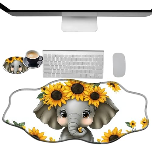 Extra großes Gaming-Mauspad, XXL-Schreibtischunterlage (35,4 x 15,7 cm) mit genähten Kanten, Sonnenblumen-Elefant, rutschfestes, verlängertes Mauspad, Tastatur-Mauspad, weiche lange von BWEGRHE