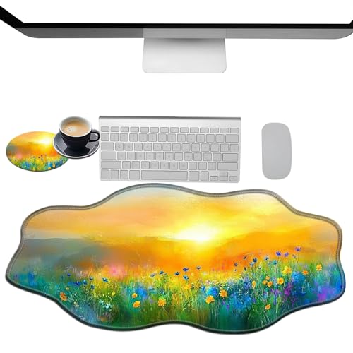Extra großes Gaming-Mauspad, XXL-Schreibtischunterlage (35,4 x 15,7 cm) mit genähten Kanten, Sonnenuntergang, Garten, Ölgemälde, rutschfestes, verlängertes Mauspad, Tastatur-Mauspad, weiche, lange von BWEGRHE