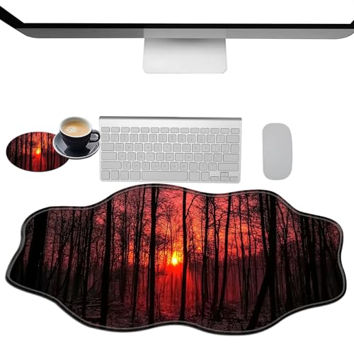 Extra großes Gaming-Mauspad, XXL-Schreibtischunterlage (35,4 x 15,7 cm) mit genähten Kanten, Sonnenuntergang Wald, rutschfestes, erweitertes Mauspad, Tastatur-Mauspad, weiche lange von BWEGRHE