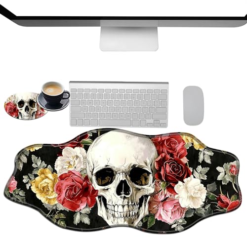 Extra großes Gaming-Mauspad, XXL-Schreibtischunterlage (35,4 x 15,7 cm) mit genähten Kanten, Sugar Roses Totenkopf, rutschfestes, erweitertes Mauspad, Tastatur-Mauspad, weiche lange von BWEGRHE